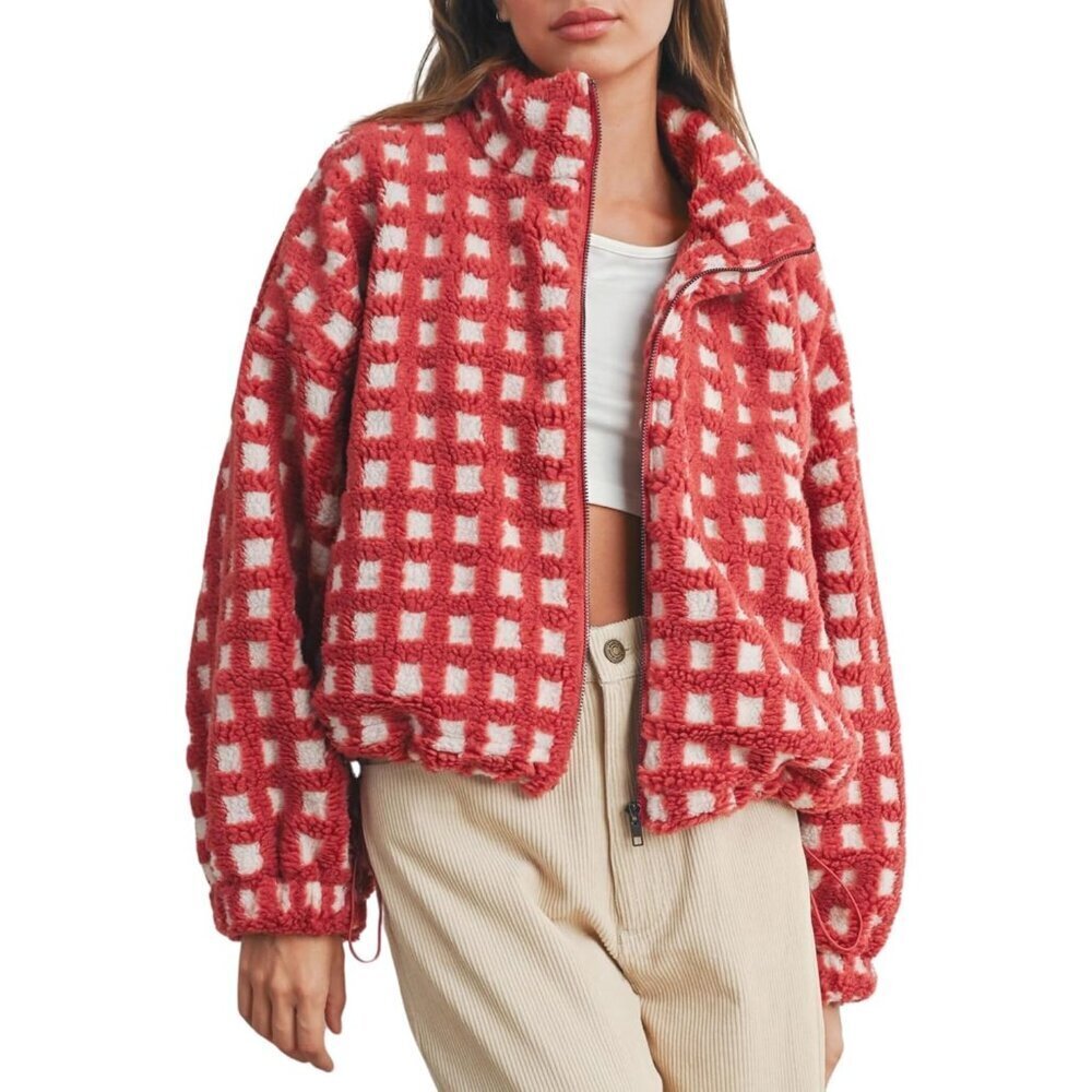 Women Red Cropped Sherpa Fleece Plaid Jacket Chunky Outerwear